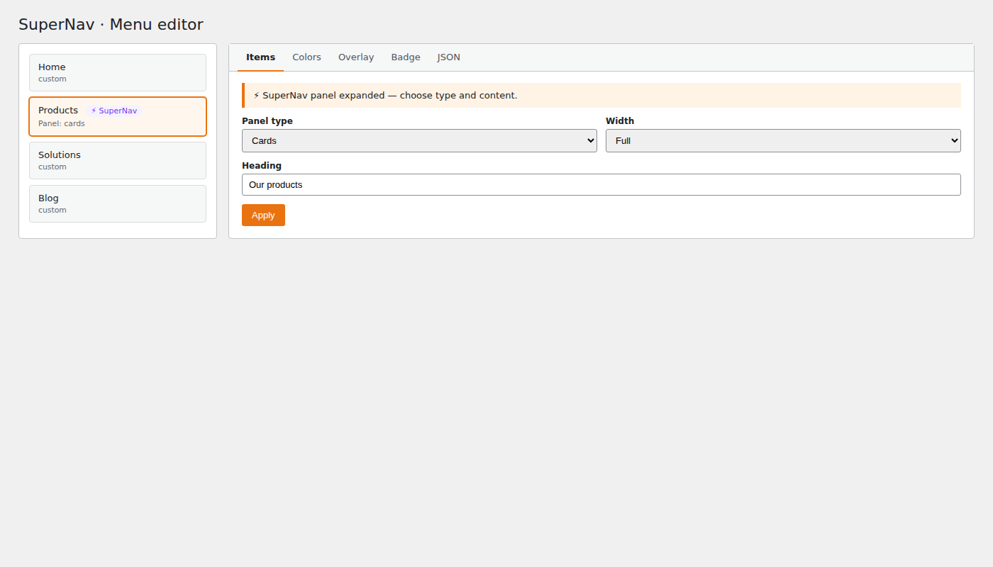 menu editor with expanded ⚡ SuperNav panel
