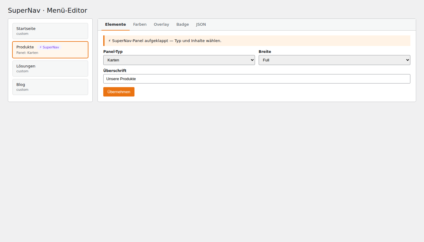 Menü-Editor mit aufgeklapptem ⚡ SuperNav Panel