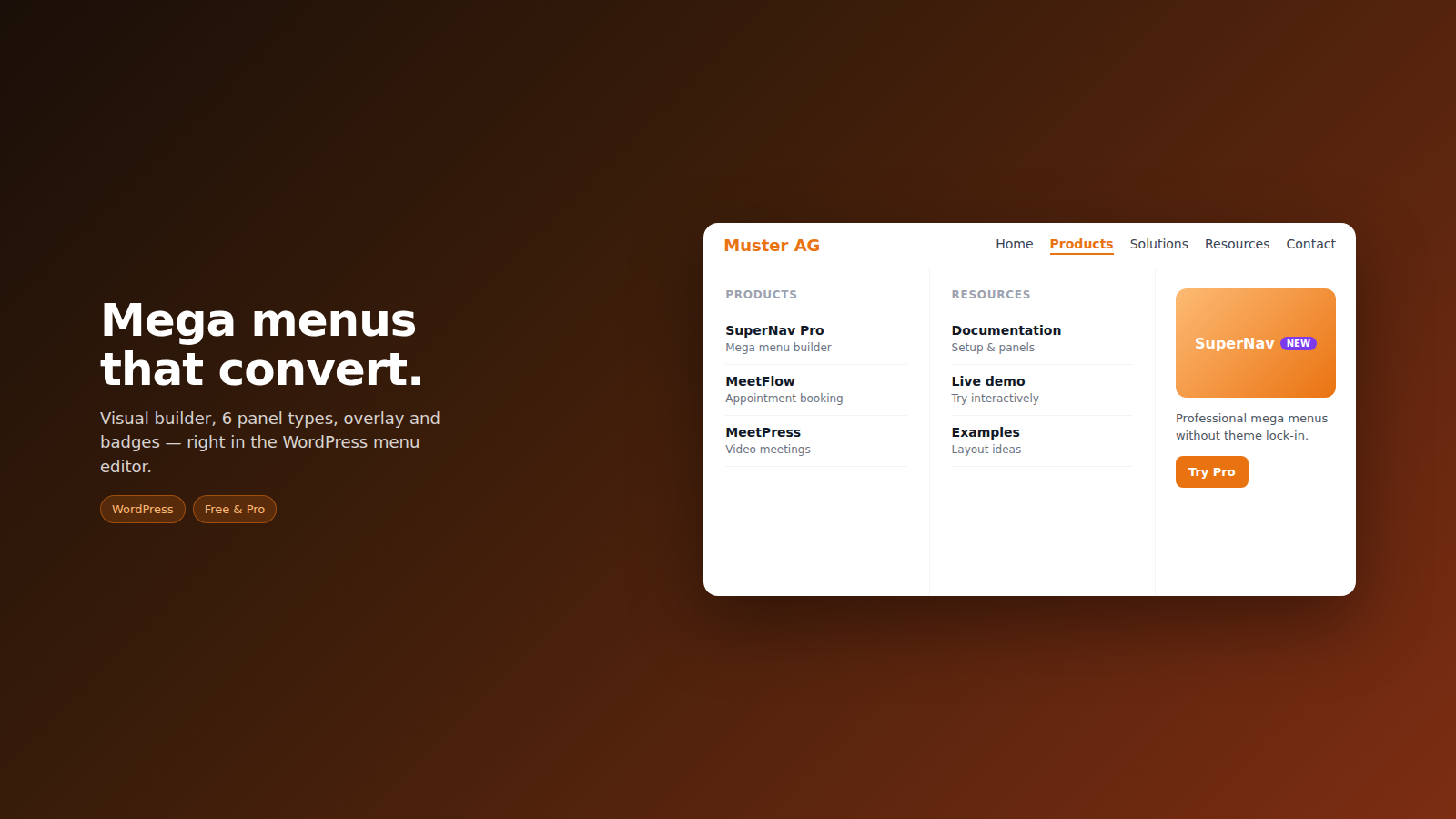 SuperNav mega panel in the frontend (desktop)