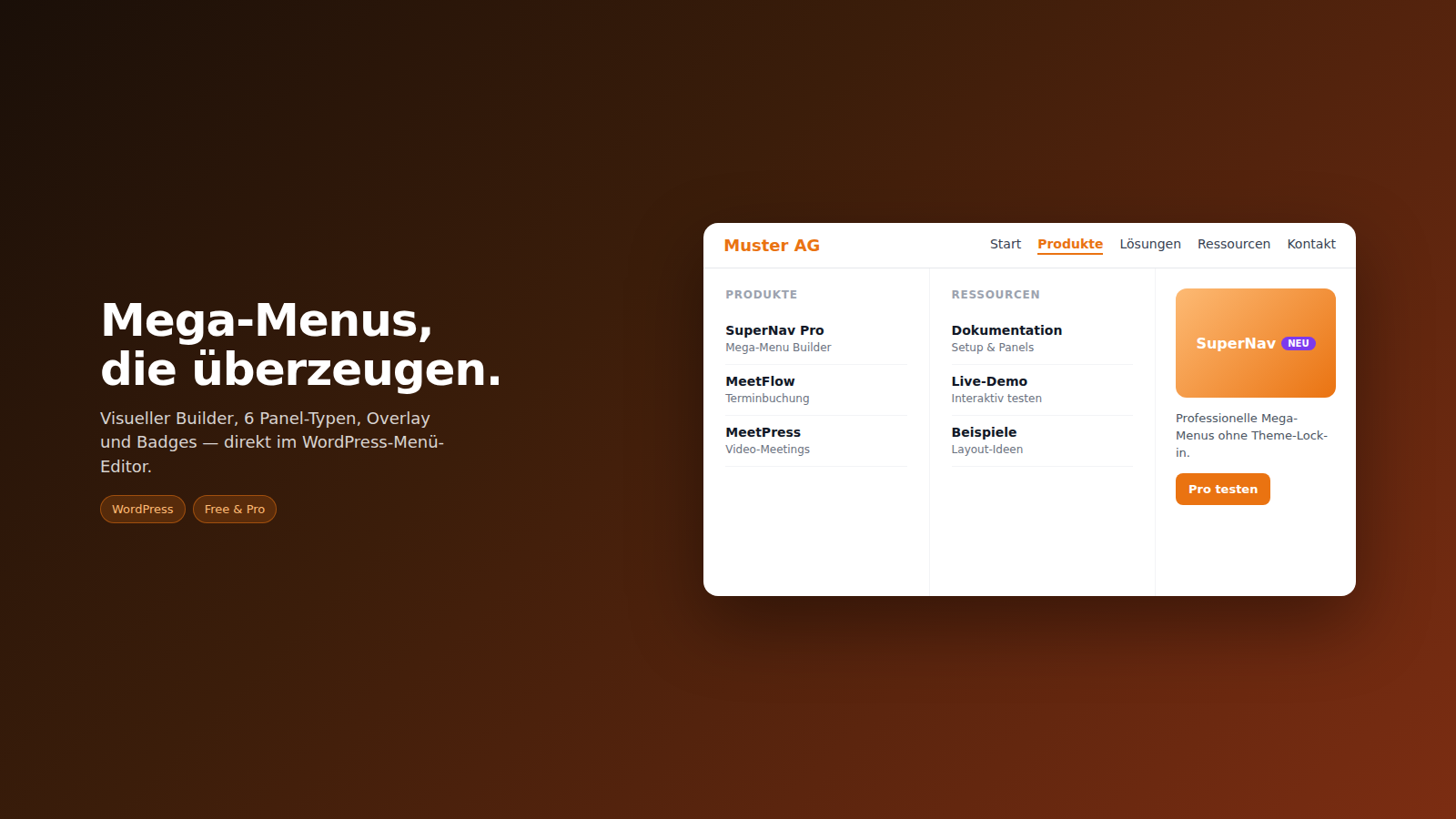 SuperNav Mega-Panel im Frontend (Desktop)