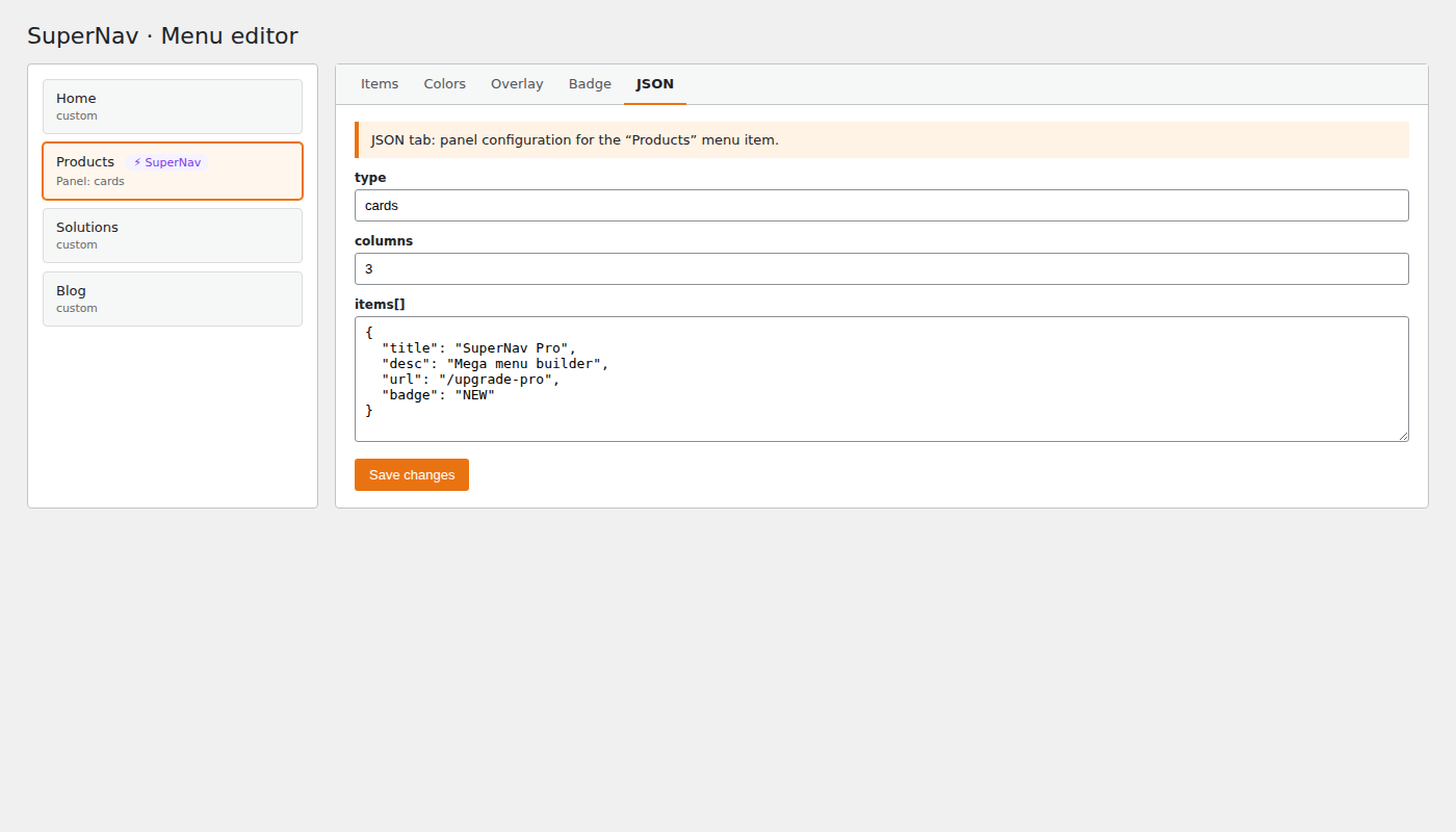 configuration in the WordPress menu editor (JSON tab)