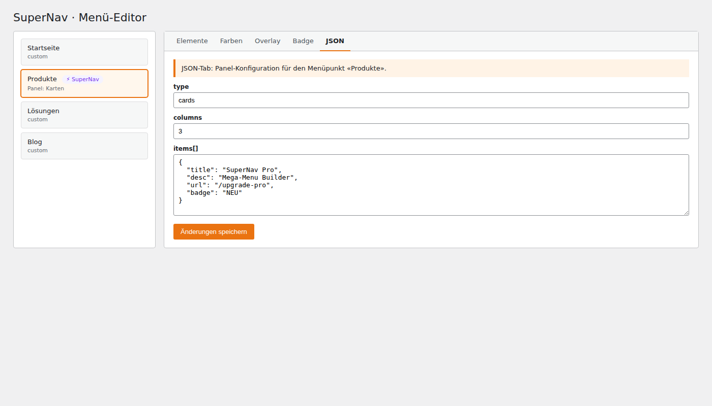 Konfiguration im WordPress-Menü-Editor (JSON-Tab)