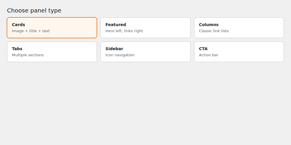 panel type selection in the menu editor